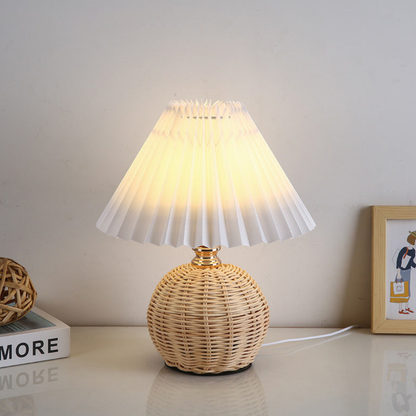 Modern Pleated Shade Table Lamp - Natural Rattan Woven Bedside Lamp