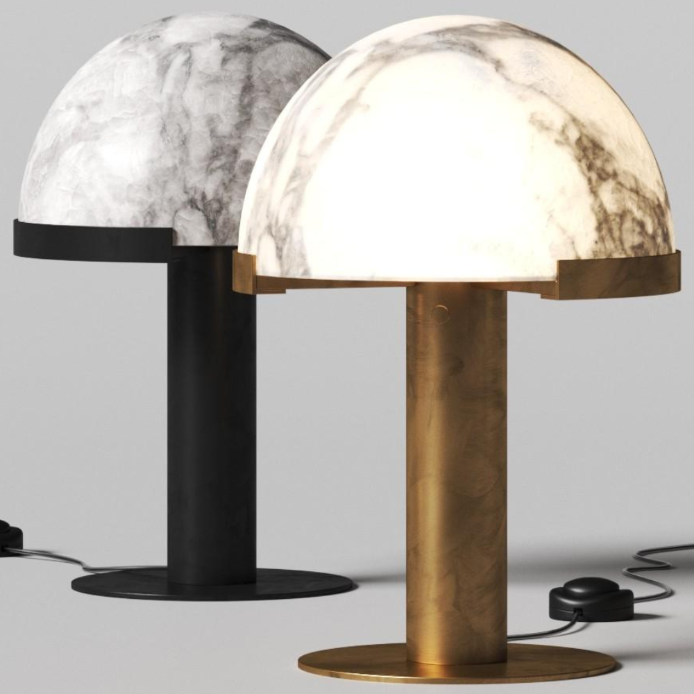 Glas- und Alabaster-Kuppeltischlampe mit Metallfuß – Mid-Century-Modern