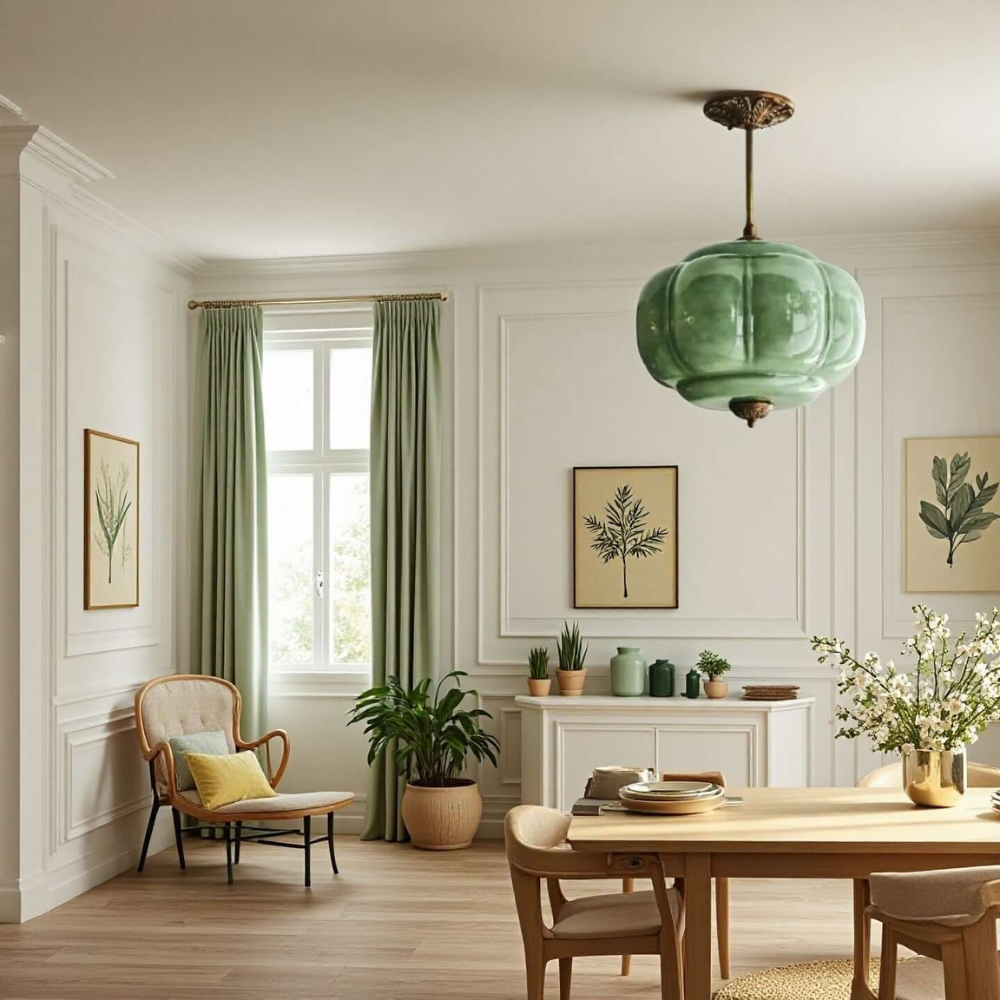 Gerippte Kürbis-Hängelampe mit kunstvollem Metallbesatz – Mid-Century-Design