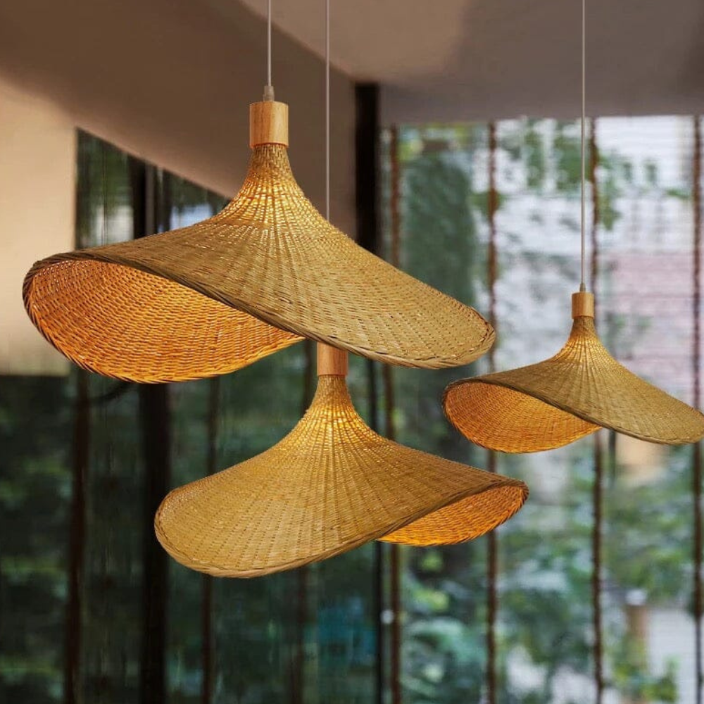 Woven Bamboo Sun Hat Pendant Light - Coastal Boho Decor
