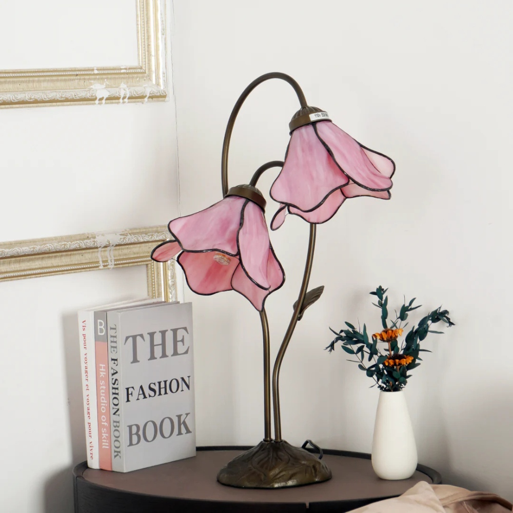 Table Lamp with Flower Glass Shades - Vintage Stained Glass Floral