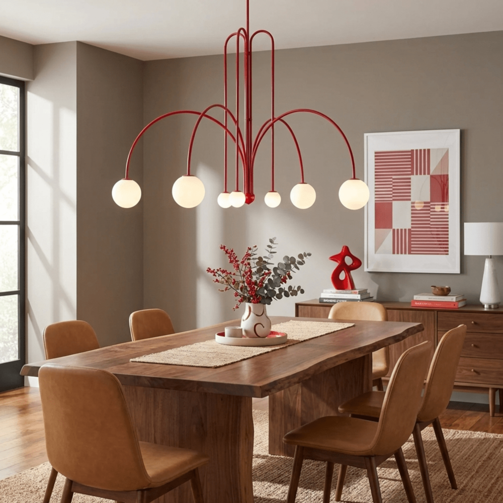 Chandelier with Arched Arms and Frosted Globes - Modern Mid Century