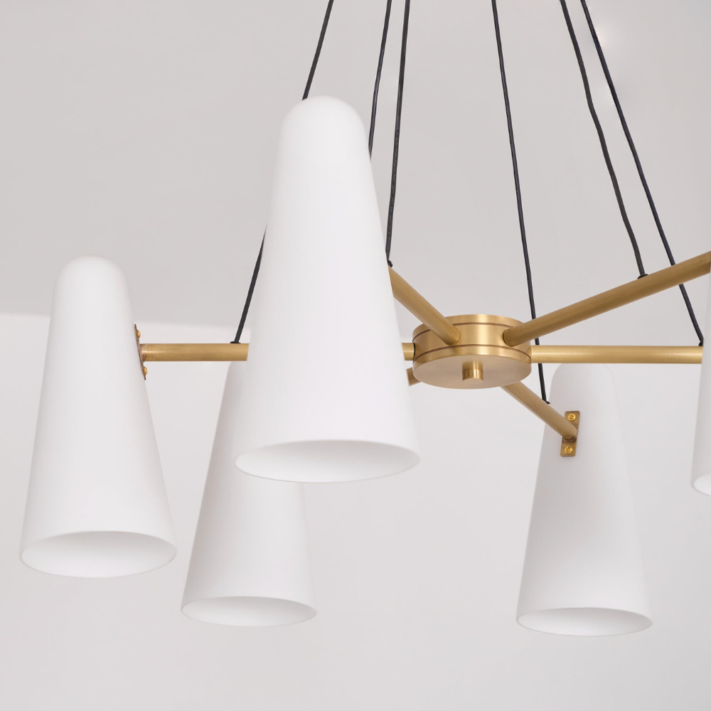 Lustre avec abat-jours en verre conique et cadre métallique - Moderne milieu du siècle