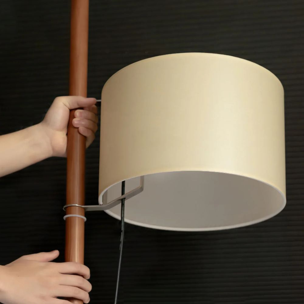 Vintage floor lamp with Fabric Shade and Artisanal Wooden Pole - Contemporary Sconce