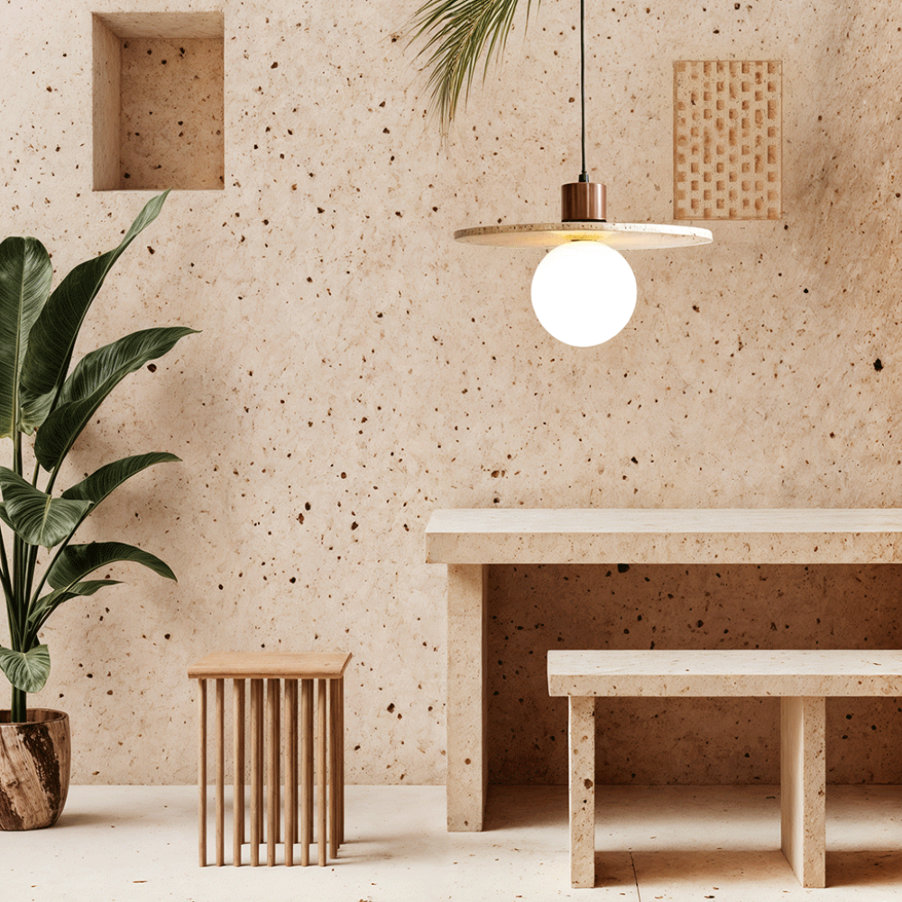 Suspension style travertin Wabi-Sabi avec bois massif - Décor moderne et naturel