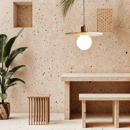 Wabi-Sabi Travertine Style Pendant Light with Solid Wood - Modern Earthy Decor