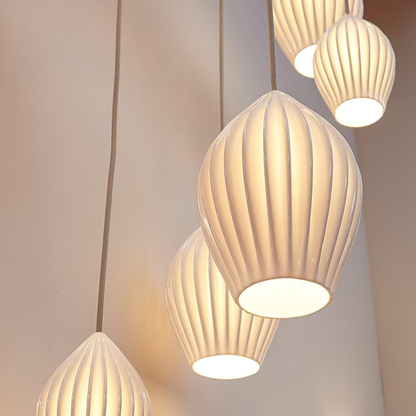 Ceramic Pendant Light with Ribbed Teardrop Shade - Modern Coastal