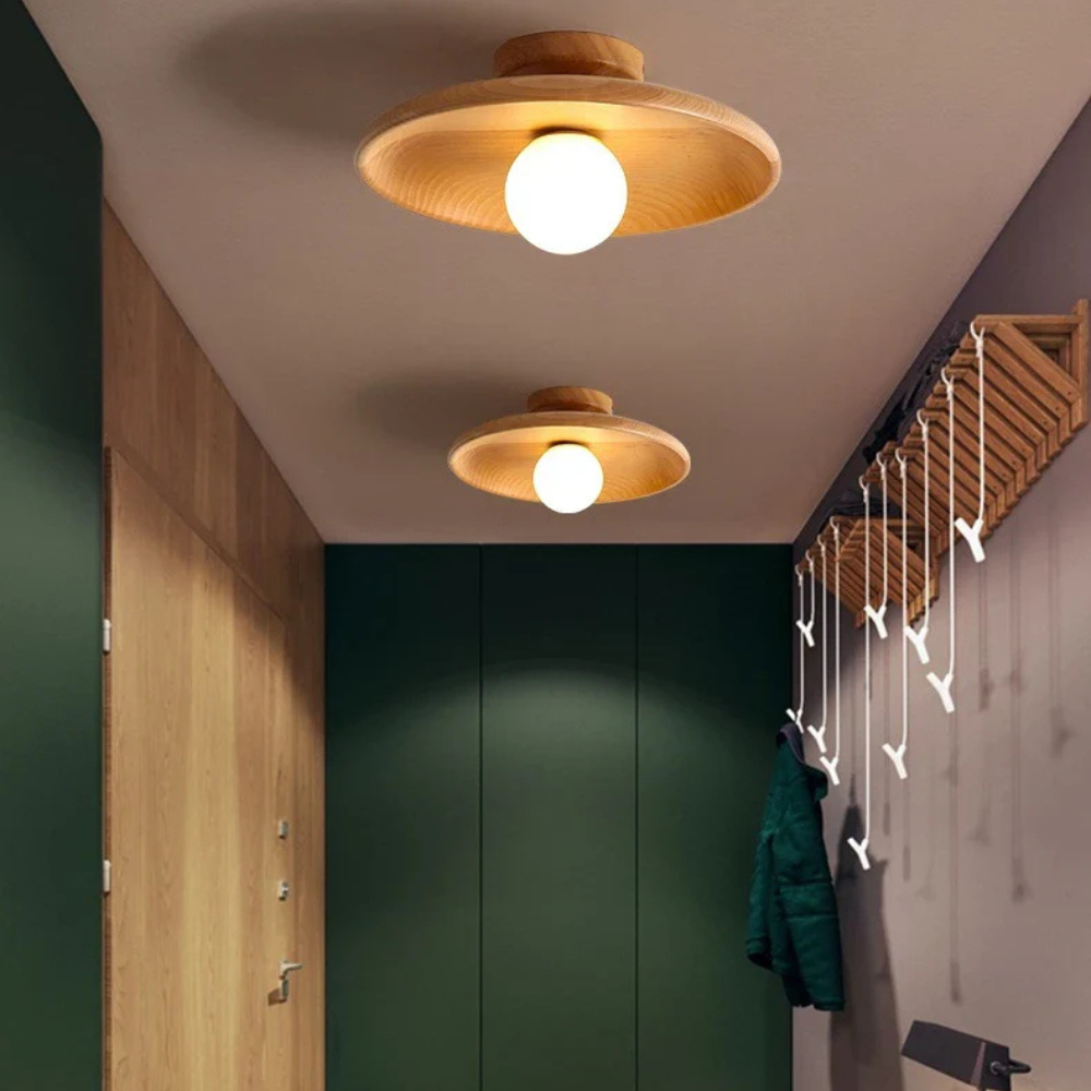 Flush Mount Ceiling Light with Wood Shade - Modern Scandinavian LED