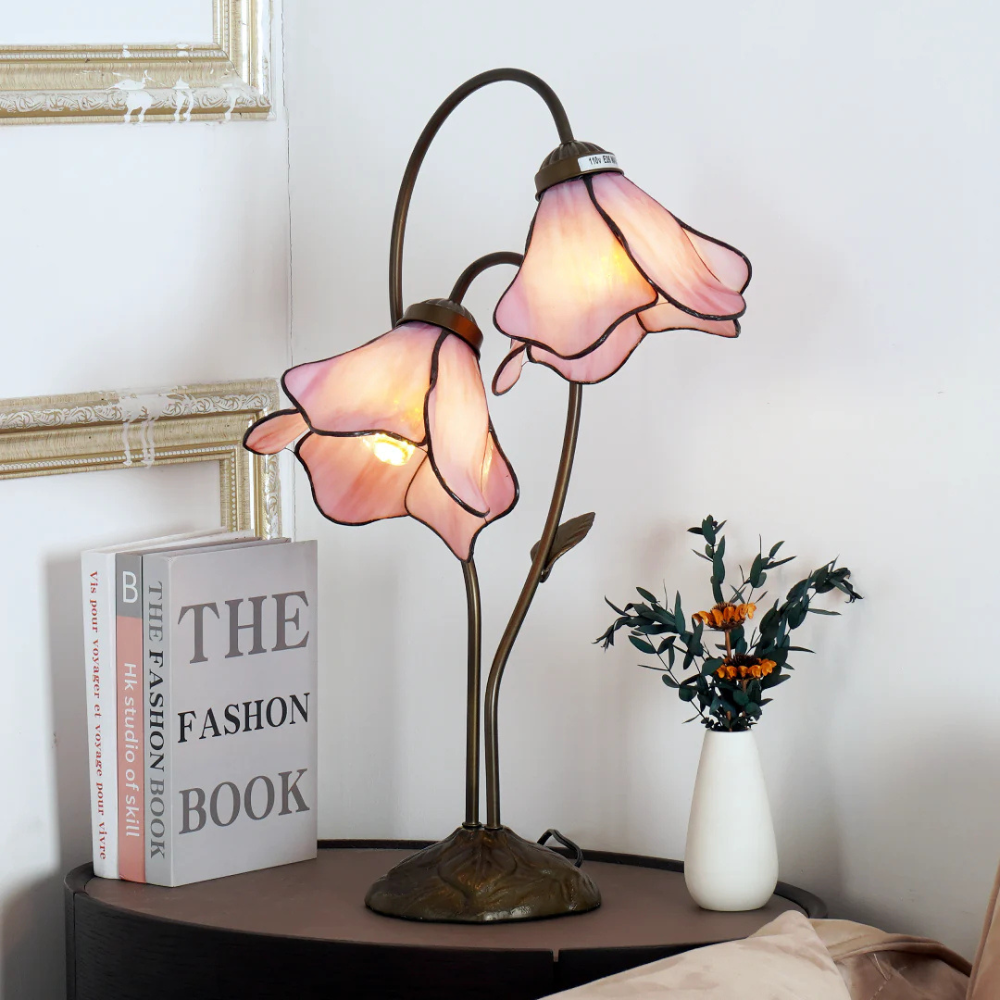 Table Lamp with Flower Glass Shades - Vintage Stained Glass Floral