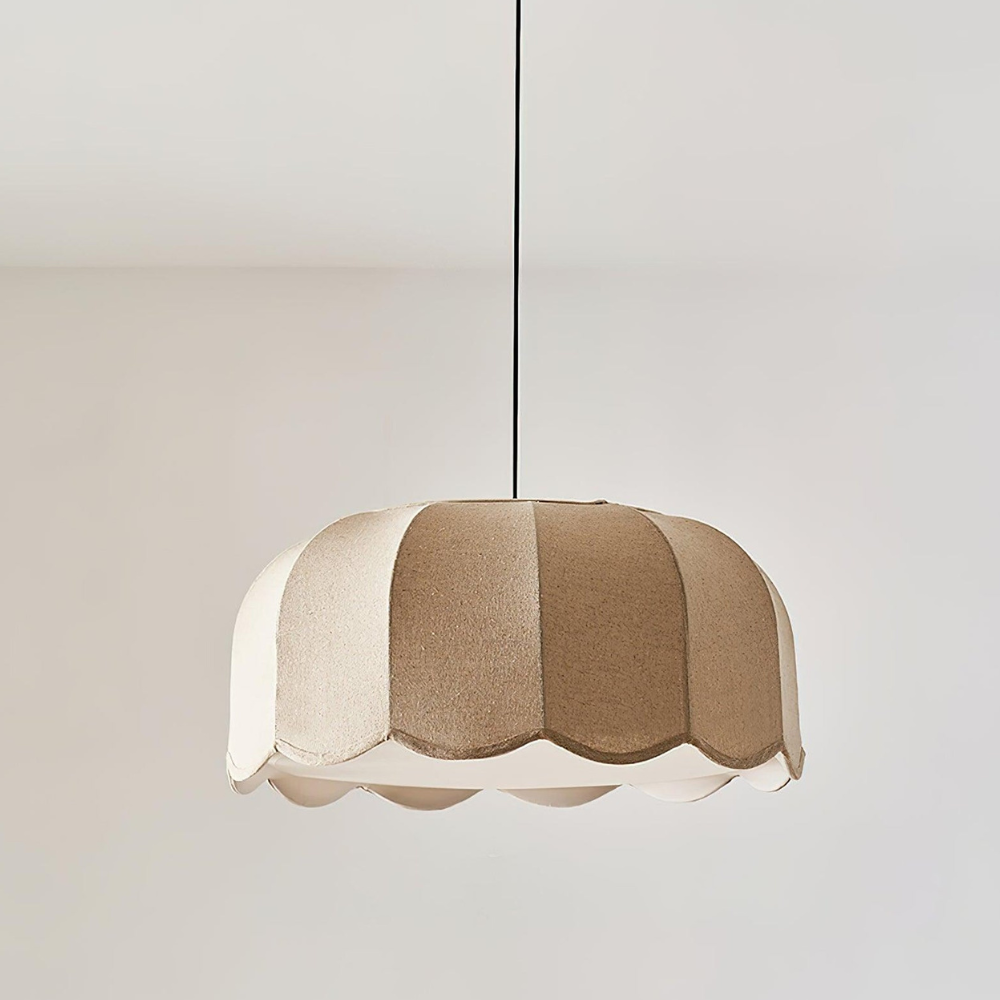 Scalloped Fabric Pendant Lamp - Modern Boho Beige Striped Ceiling Light