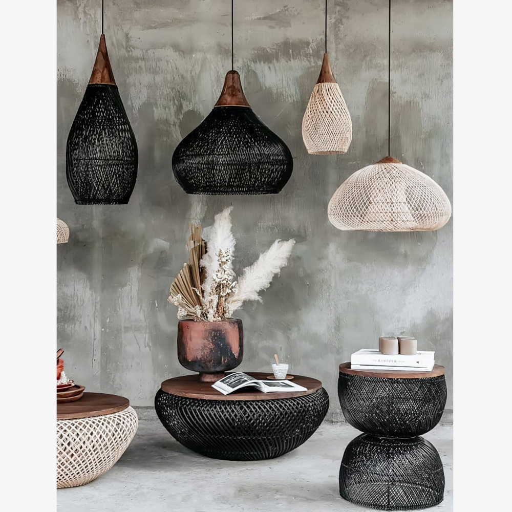 Modern Rattan Silhouette Pendant Light - Woven Basket Hanging Lamp with Wood Cap