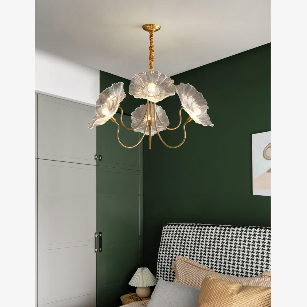 Chandelier with Flower Glass Shades and Gold Metal Frame - Modern Art Deco