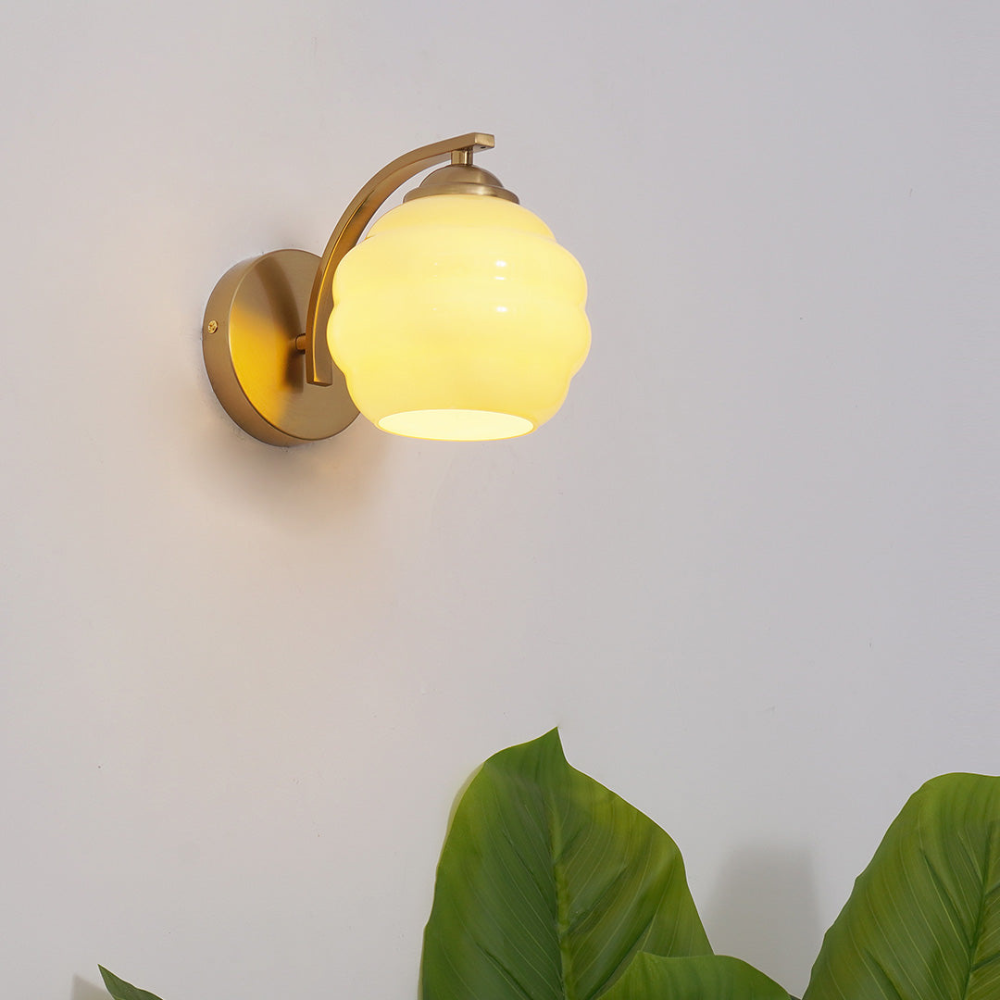 Wall Sconce with Ribbed Glass Globe - Modern Mid Century Gold