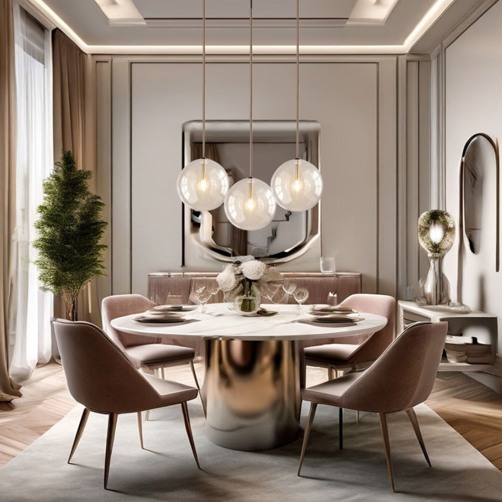 Klarer Glas-Kugelpendelleuchte mit Goldstab – Modern Skandinavisch