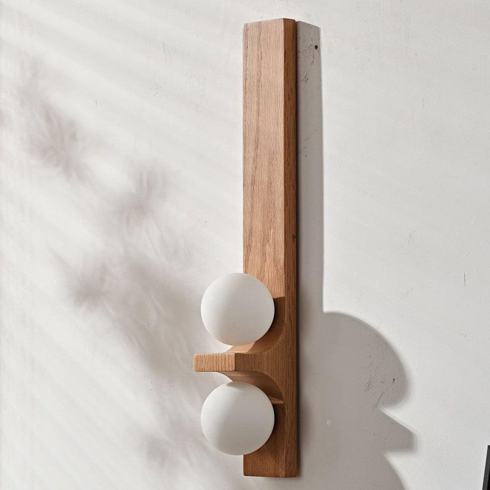 Double Orb Wall Sconce with Carved Wood Base - Mid Century Modern
