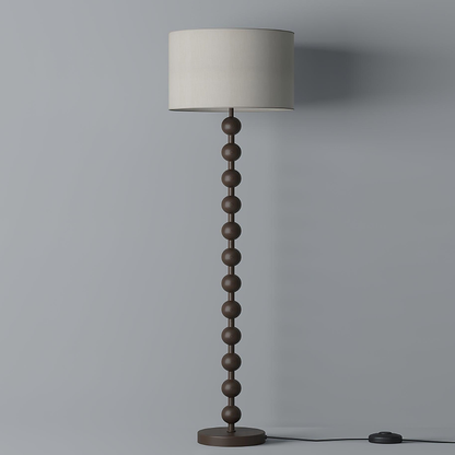 Floor Lamp with Stacked Wooden Spheres and Fabric Drum Shade