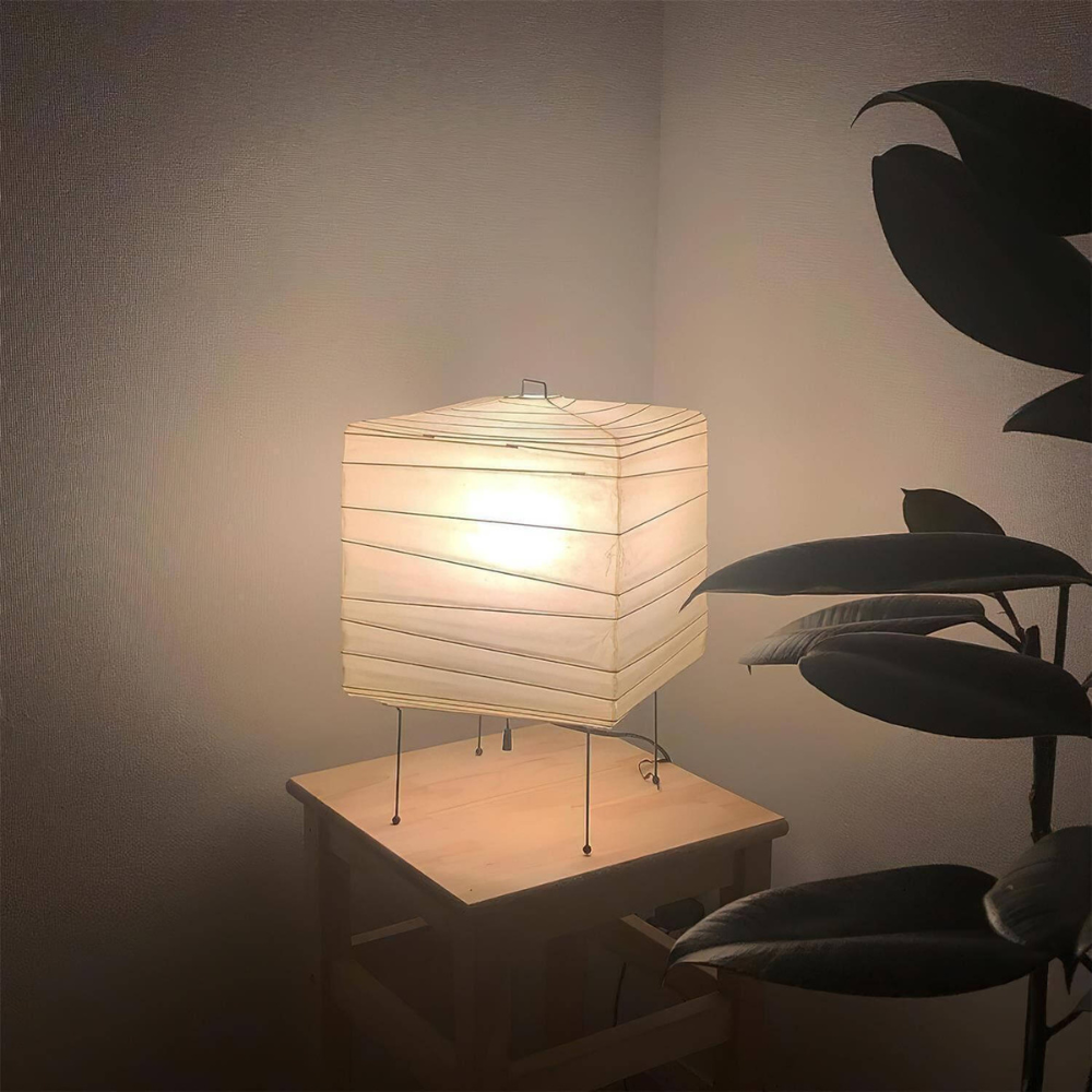 Japanese Paper Lantern Table Lamp with Metal Handle - Wabi Sabi Design