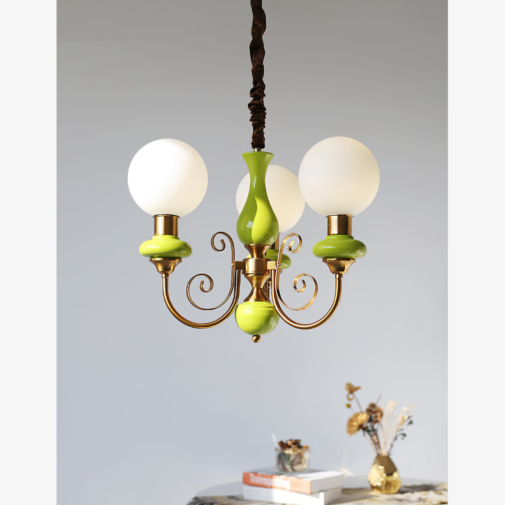Chandelier with Milky Glass Globes and Scrollwork Frame - Vintage French Style
