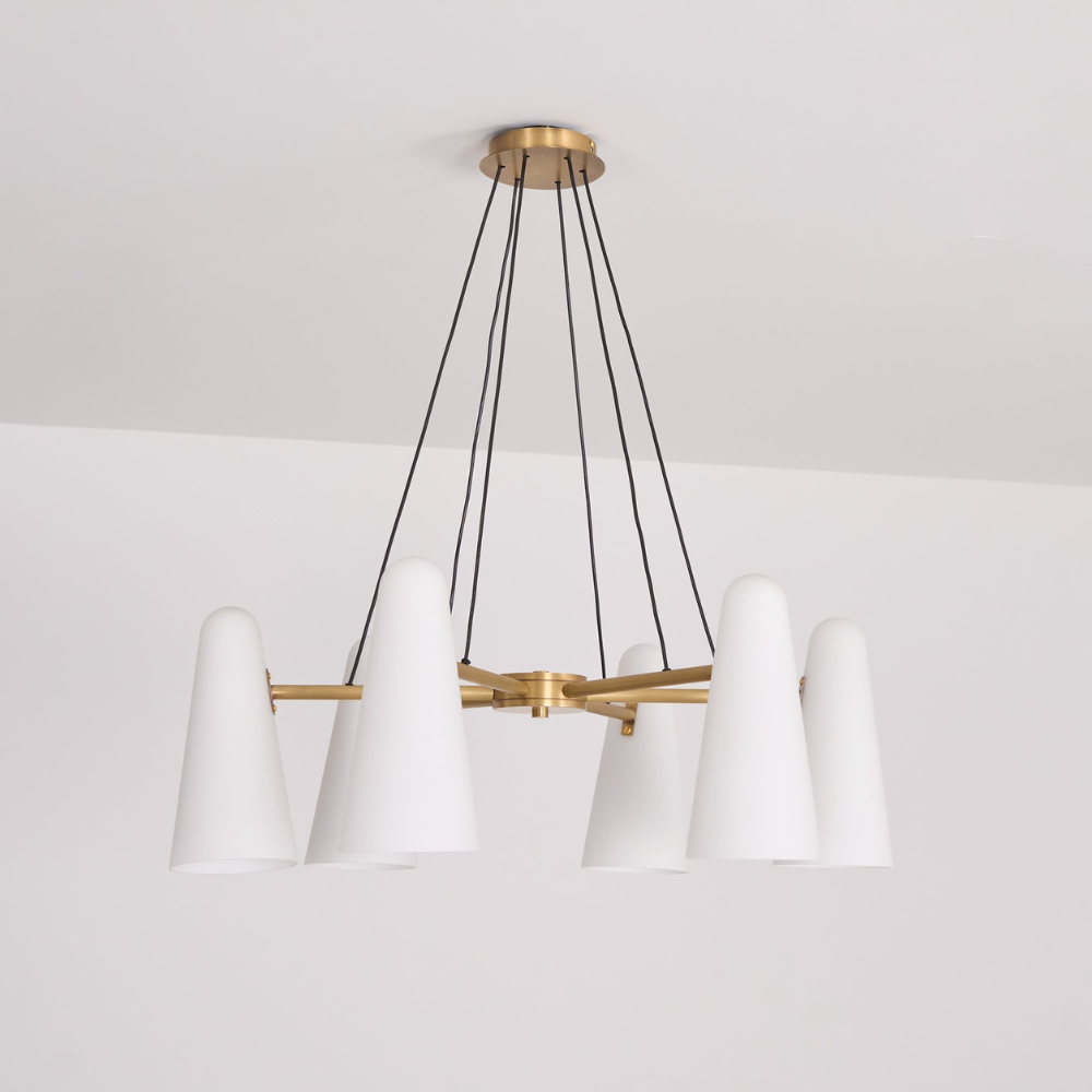 Lustre avec abat-jours en verre conique et cadre métallique - Moderne milieu du siècle