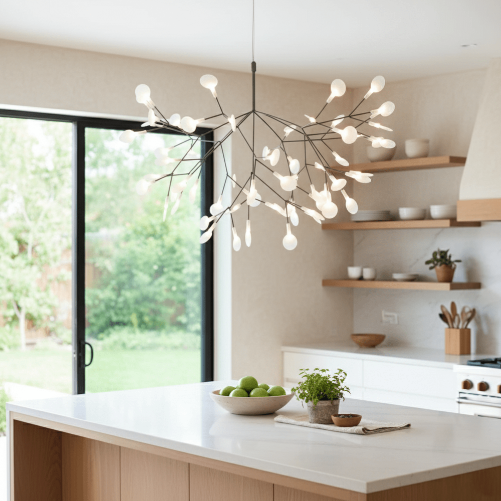 Sputnik-Kronleuchter mit Acryl-Glühwürmchenblättern – Modernes botanisches Licht