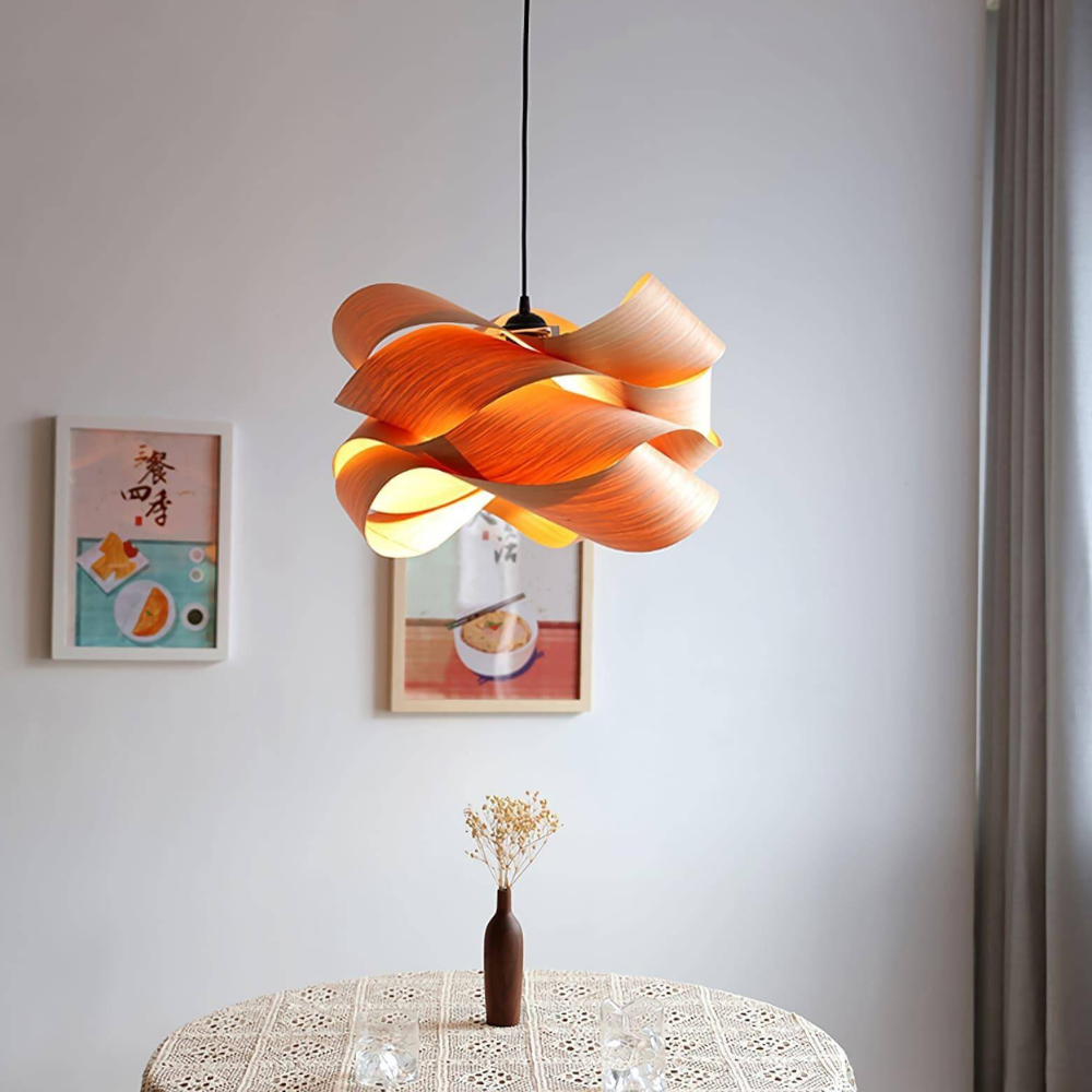 Wood Ribbon Pendant Light with Spiral Shade - Mid Century Modern