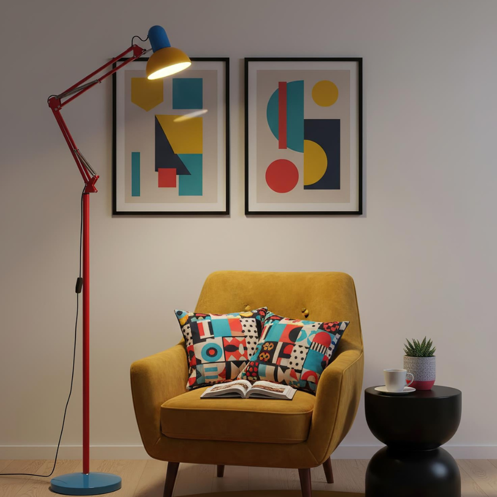 Adjustable Floor Lamp – Memphis Style with Spring-Balanced Articulated Arm and Metal Dome Shade