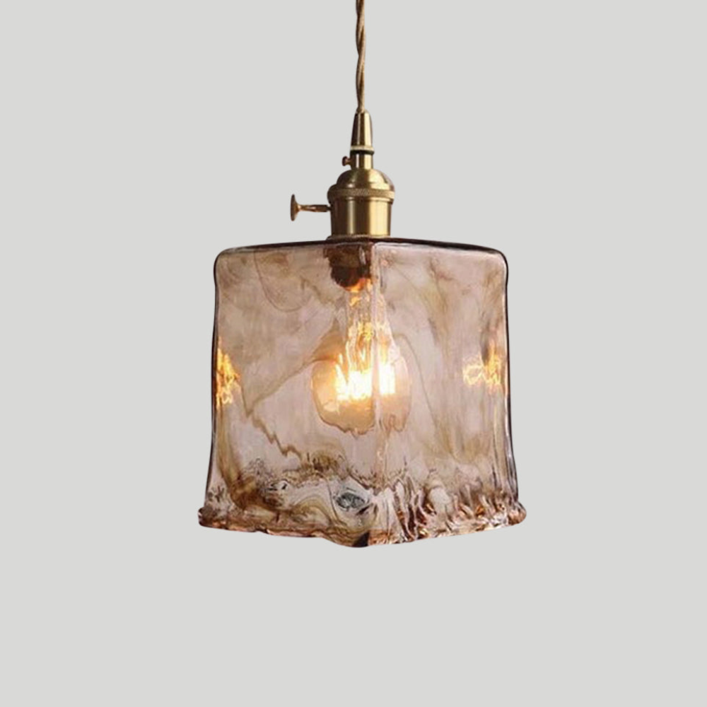 Pendelleuchte aus gehämmertem Glas mit welliger Struktur – Vintage-Messing-Stil