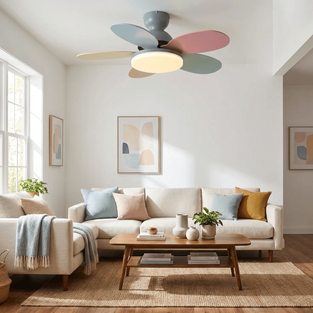 LED-Deckenventilator mit flachem Blumen-Silhouetten-Design und umkehrbarem Luftstrom – verspieltes Design
