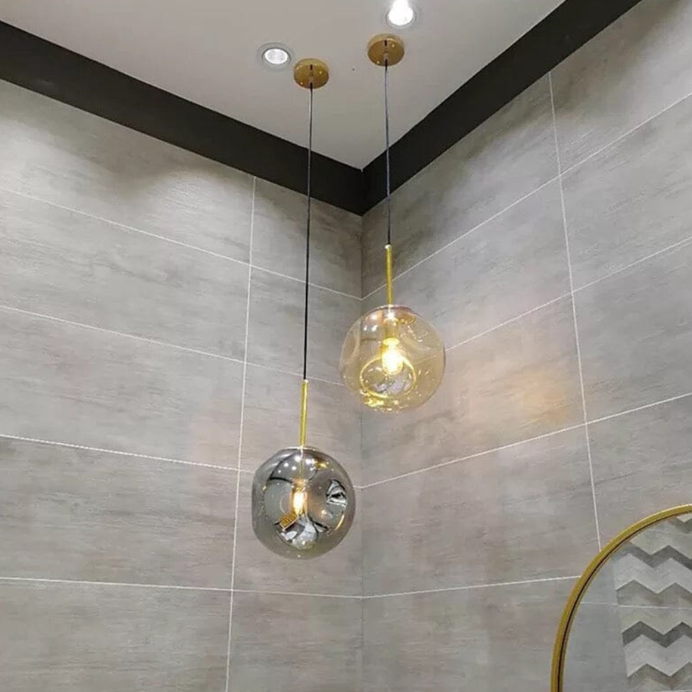 Indented Glass Globe Pendant Light - Smoky or Amber Tinted Orb