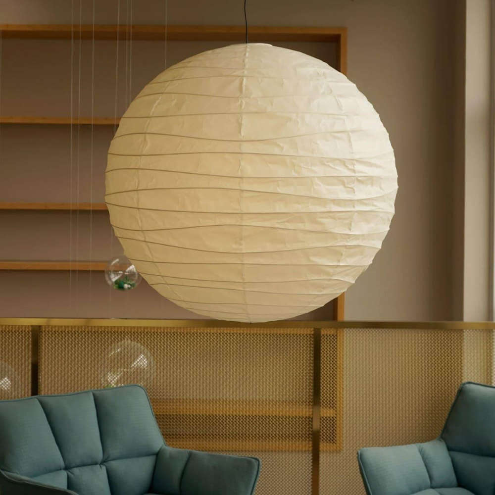 Spherical Ribbed Paper Hanging Fixture - Mid Century Modern Zen Style