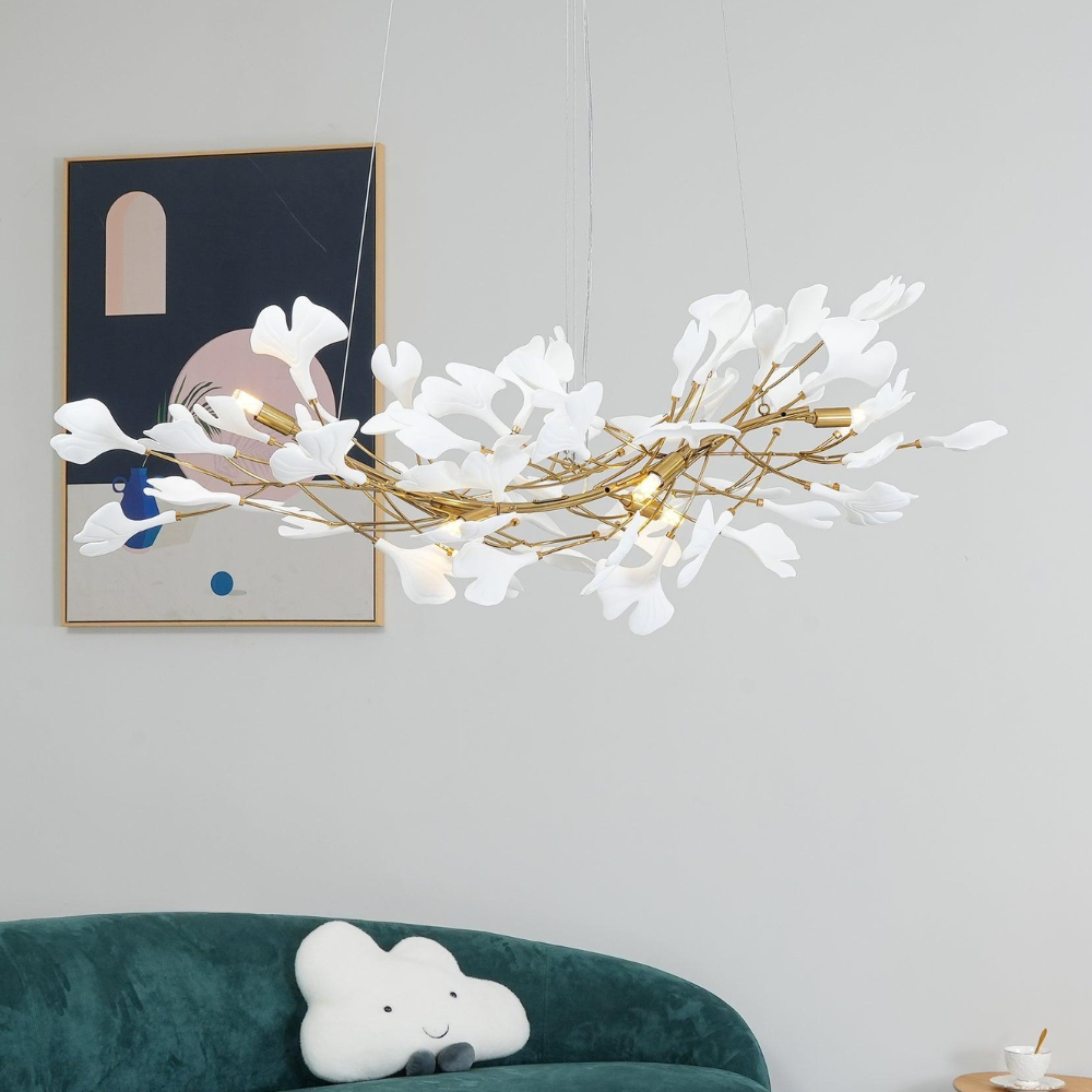 Sputnik-Kronleuchter mit Keramik-Ginkgoblättern – Moderner Art Deco