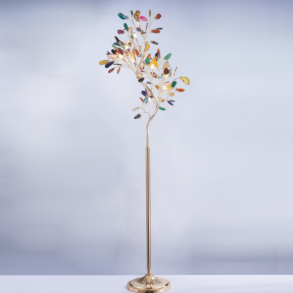 Stehlampe mit natürlichen Achatstein-Blättern und Metallgestell in Astform