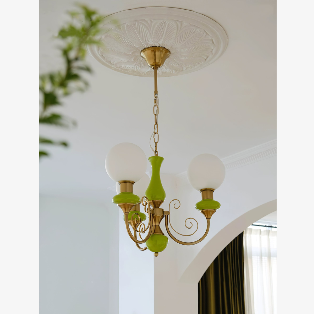 Chandelier with Milky Glass Globes and Scrollwork Frame - Vintage French Style