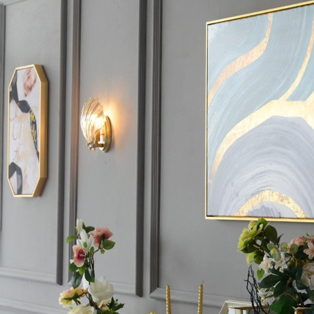 Shell Glass Wall Sconce with Scalloped Ribbed Shade - Coastal Art Deco