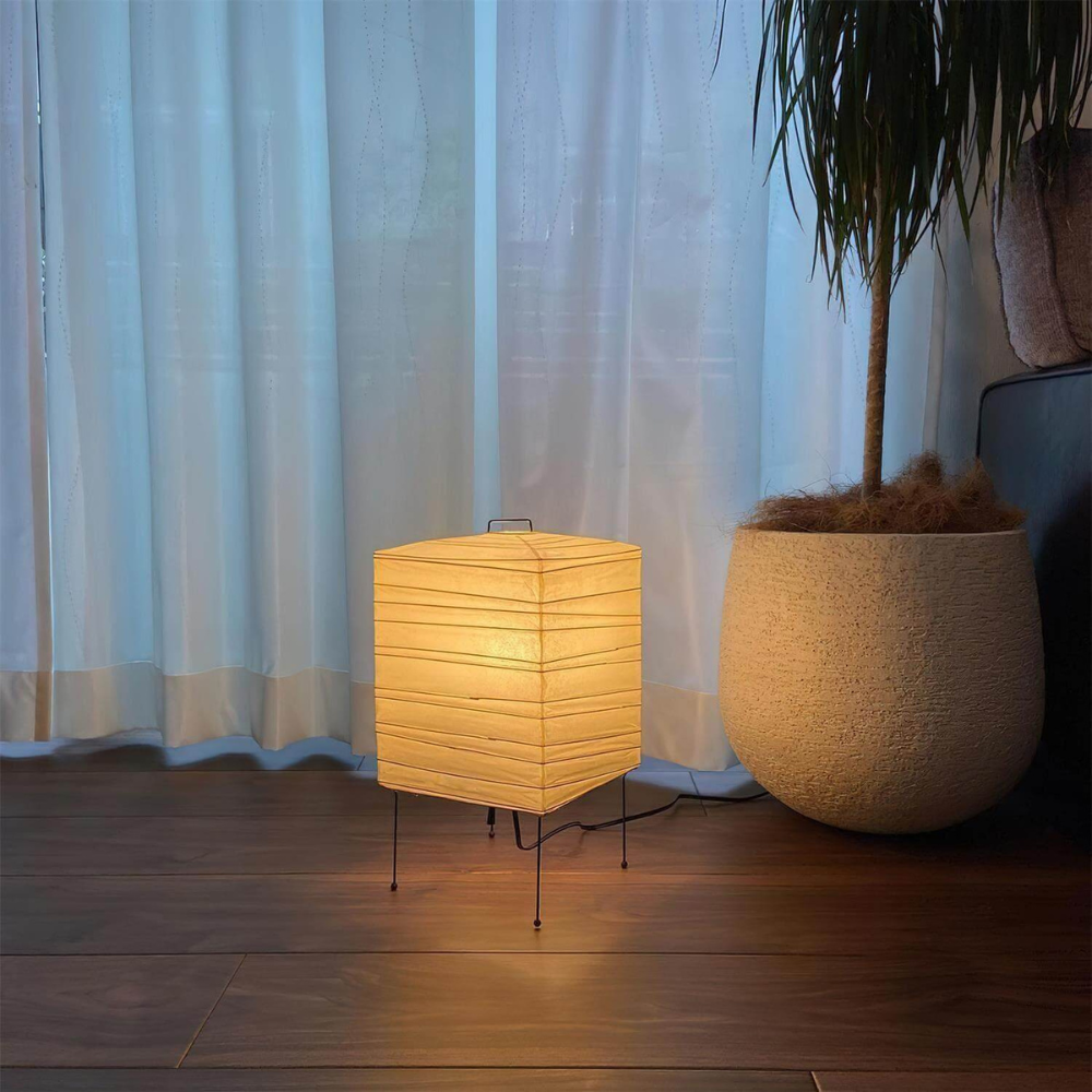 Japanese Paper Lantern Table Lamp with Metal Handle - Wabi Sabi Design