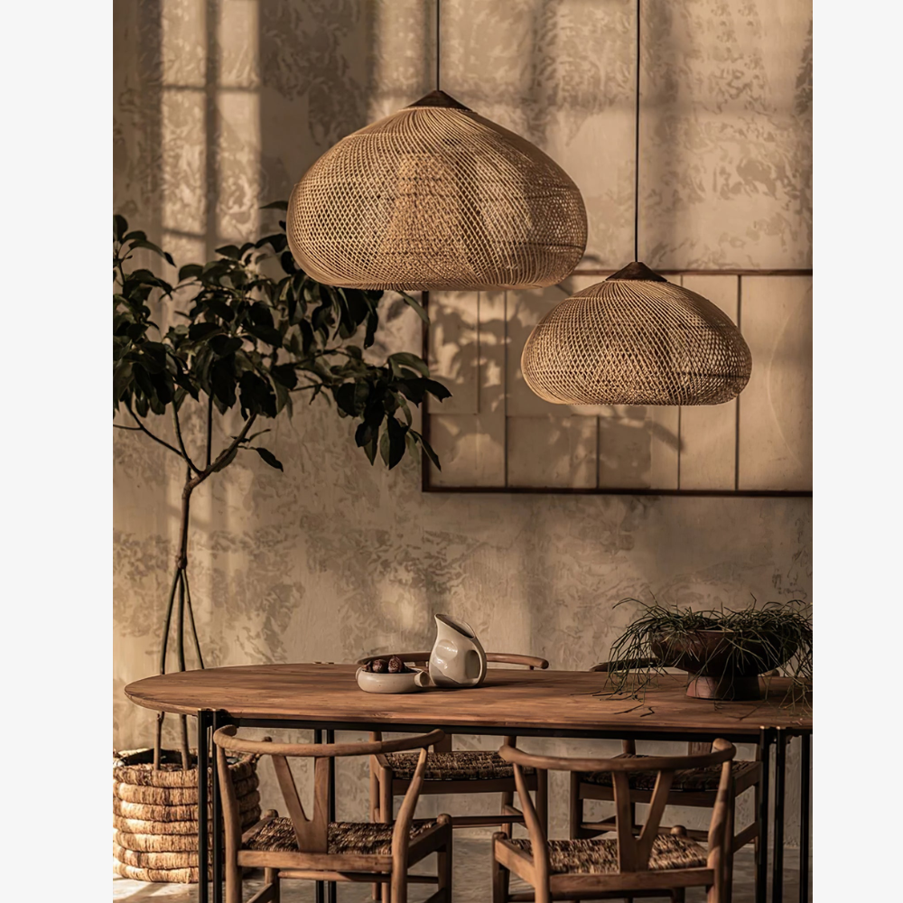 Modern Rattan Silhouette Pendant Light - Woven Basket Hanging Lamp with Wood Cap