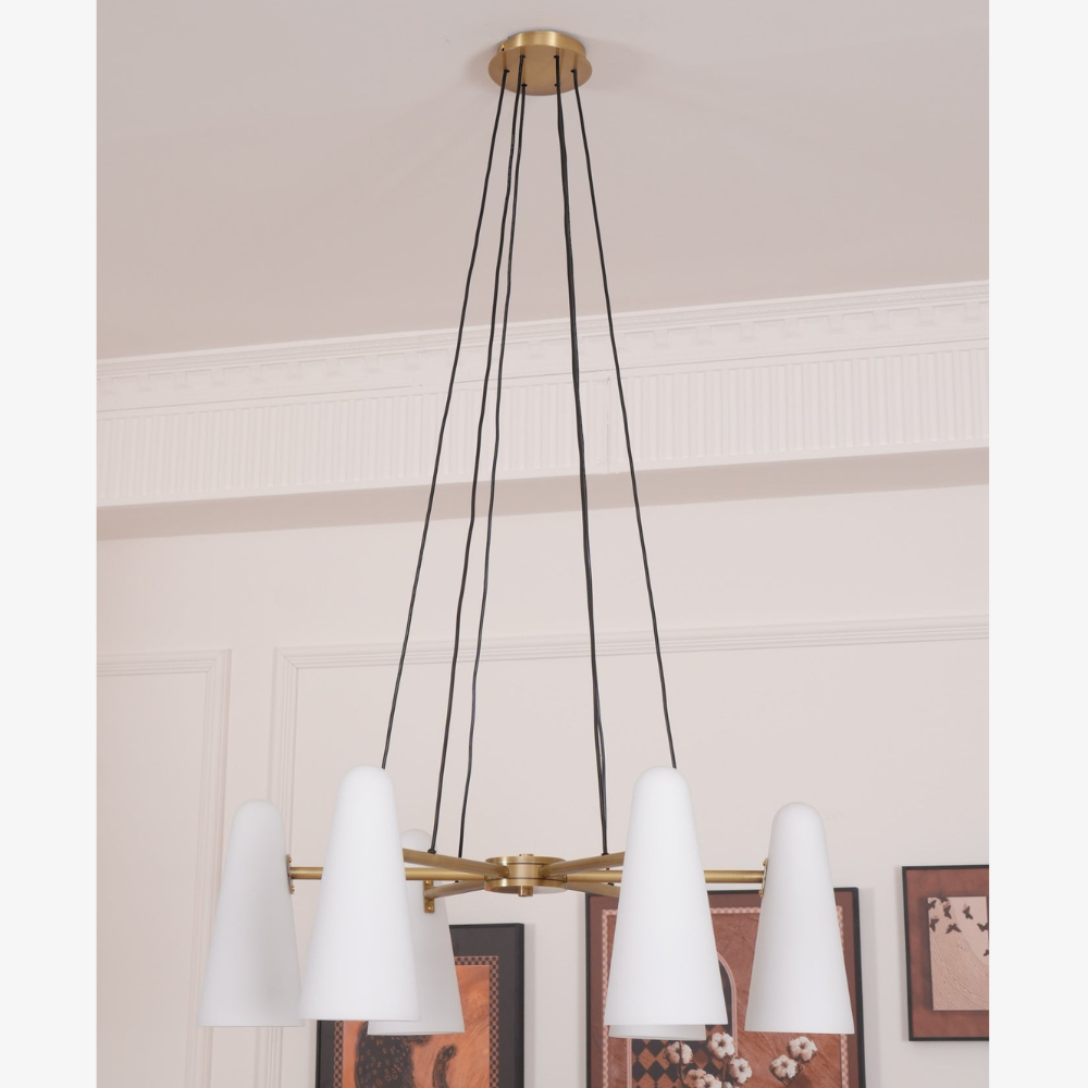 Lustre avec abat-jours en verre conique et cadre métallique - Moderne milieu du siècle