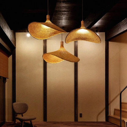 Woven Bamboo Sun Hat Pendant Light - Coastal Boho Decor