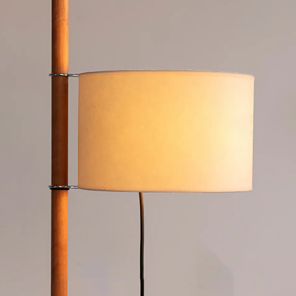 Vintage floor lamp with Fabric Shade and Artisanal Wooden Pole - Contemporary Sconce