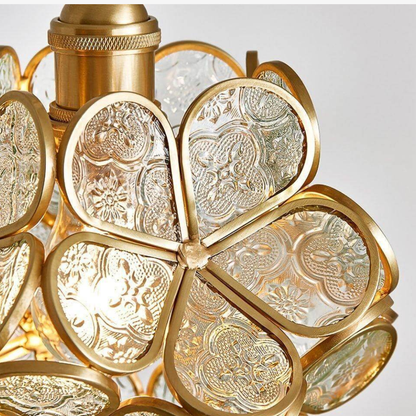 Floral Glass Hanging Lamp with Brass Hardware - Vintage Modern Art