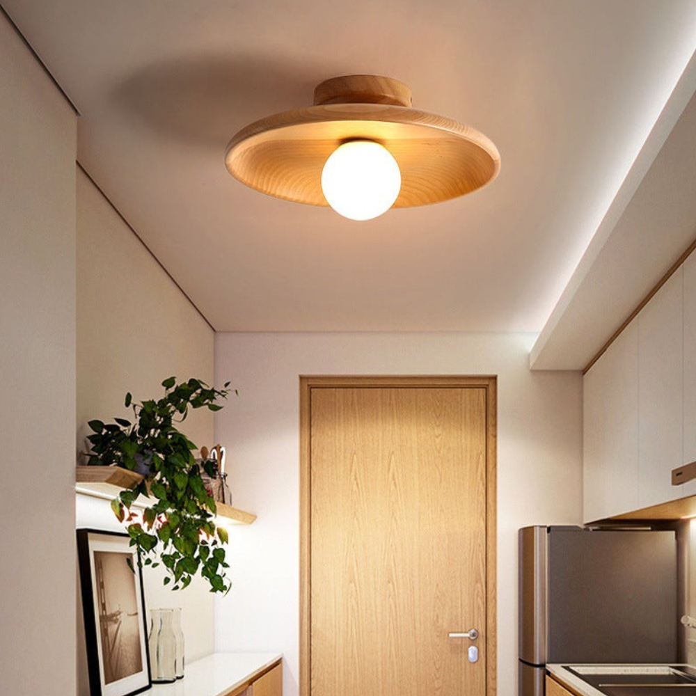 Flush Mount Ceiling Light with Wood Shade - Modern Scandinavian LED