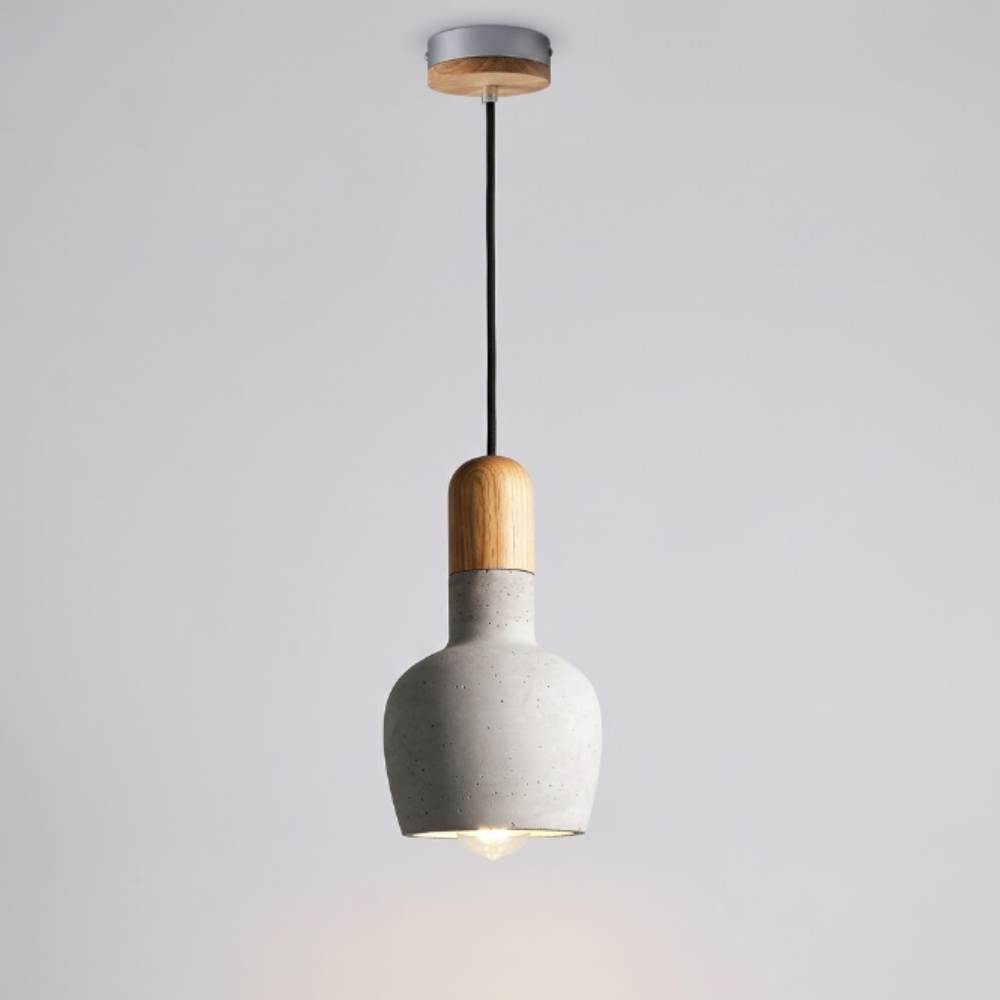 Modern Concrete & Wood Pendant Light - Nordic Industrial Timber Hanging Lamp