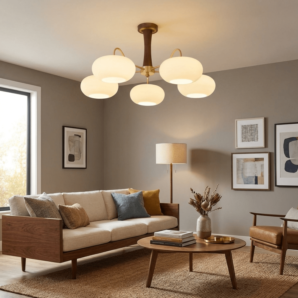 Chandelier with Walnut Wood and Persimmon Glass Shades - Modern Mid Century