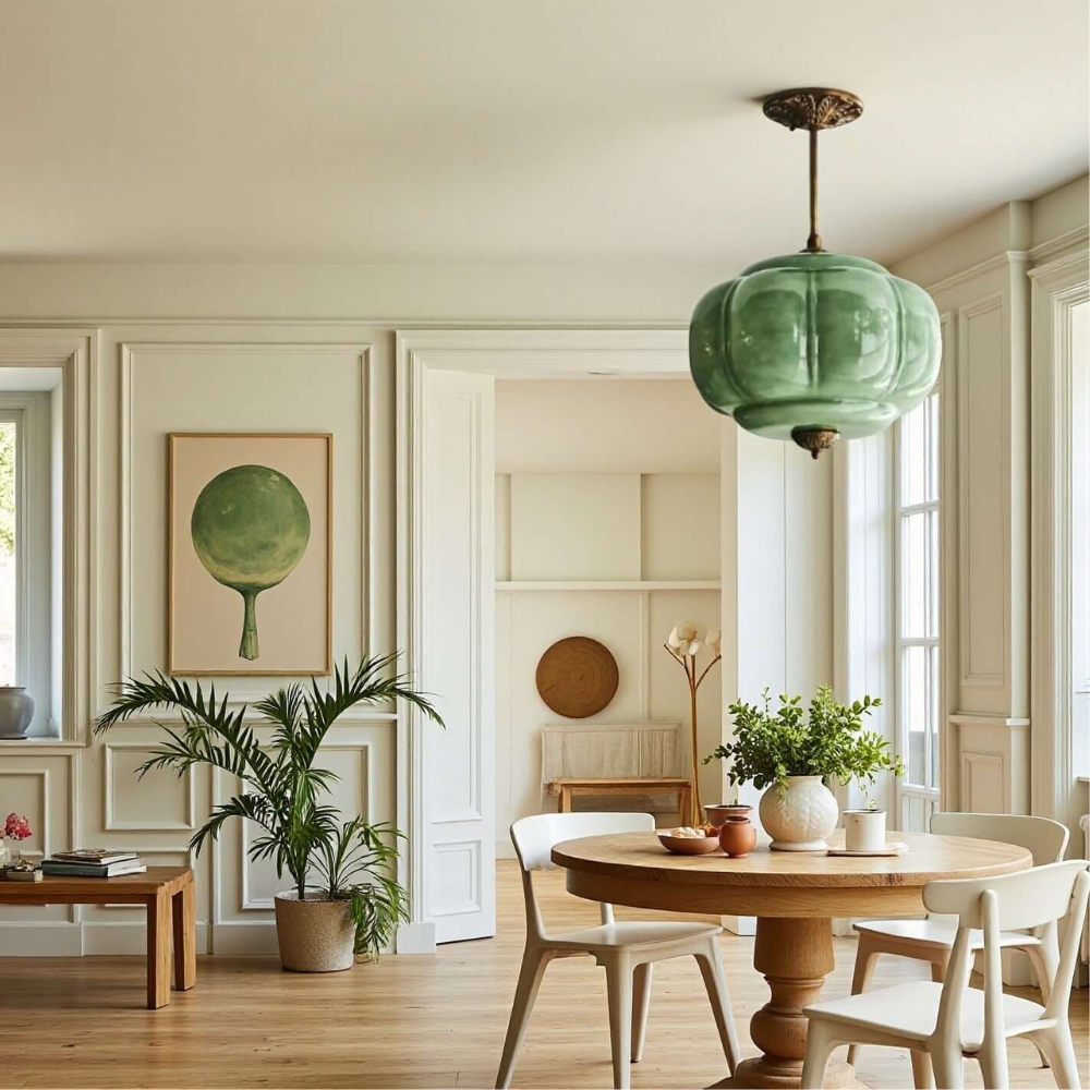 Gerippte Kürbis-Hängelampe mit kunstvollem Metallbesatz – Mid-Century-Design