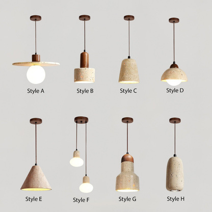 Wabi-Sabi Travertine Style Pendant Light with Solid Wood - Modern Earthy Decor