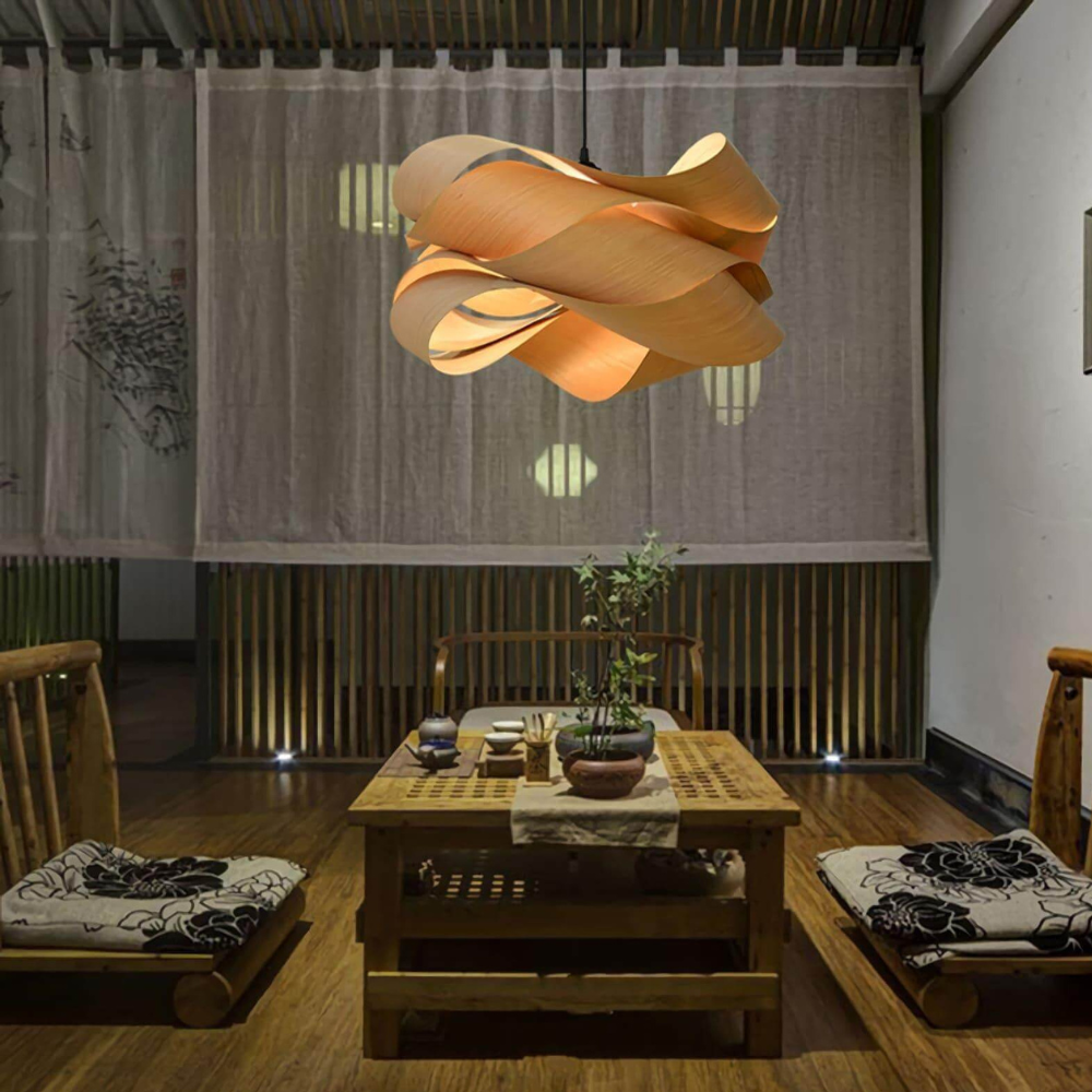 Wood Ribbon Pendant Light with Spiral Shade - Mid Century Modern