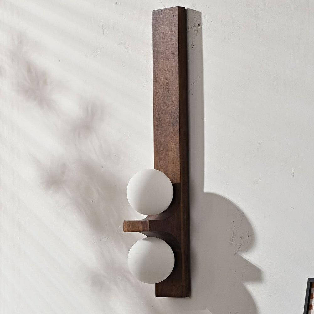 Double Orb Wall Sconce with Carved Wood Base - Mid Century Modern