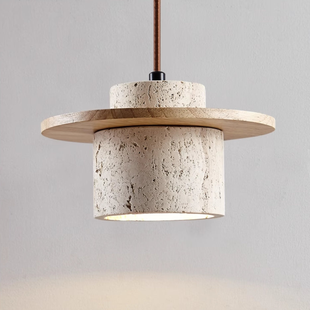 Travertine Pendant Light with Wood Accents - Wabi Sabi Modern Style