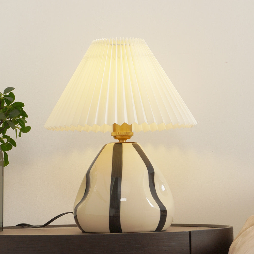 Table Lamp with Pleated Fabric Shade - Mid Century Modern Ceramic