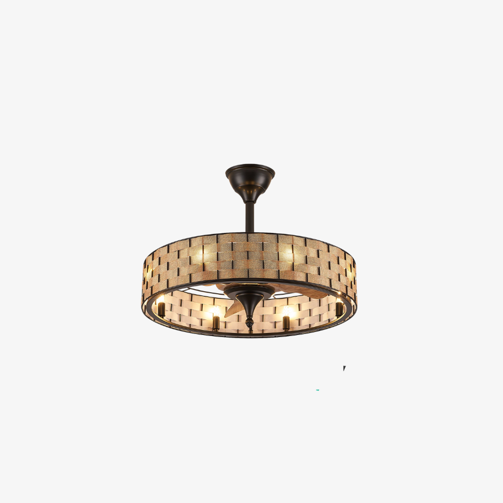 LED-Deckenventilator mit gewebtem Trommelschirm und Käfigrahmen – Bauernhausstil